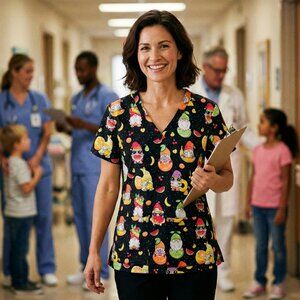 Med Works Women’s L Scrub Top Black Gnome Fruit Print V-Neck Cute Fun Festival